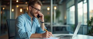 Man on phone sitting at a desk